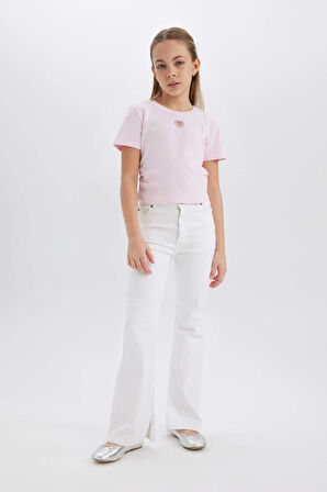DeFacto Kız Çocuk Slim Fit Dar Kesim Bisiklet Yaka Kalp Desenli Ribana Kısa Kollu Tişört E0823A825SMPN74