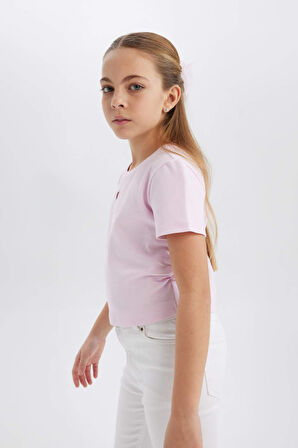 DeFacto Kız Çocuk 23 Nisan Çocuk Bayramı Slim Fit Dar Kesim Bisiklet Yaka Kalp Desenli Ribana Kısa Kollu Tişört E0823A825SMPN74