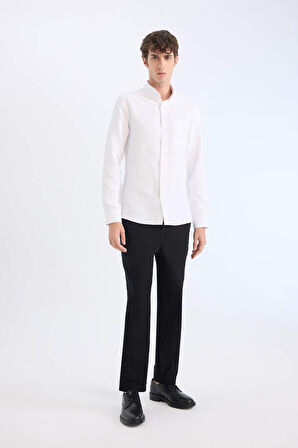 DeFacto Slim Fit Dar Kesim Polo Yaka Dokulu Uzun Kollu Beyaz Gömlek T2066AZ25SPWT34
