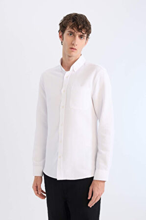 DeFacto Slim Fit Dar Kesim Polo Yaka Dokulu Uzun Kollu Beyaz Gömlek T2066AZ25SPWT34