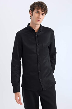 DeFacto Slim Fit Dar Kesim Polo Yaka Dokulu Uzun Kollu Siyah Gömlek T2066AZ25SPBK81