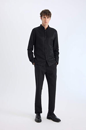 DeFacto Slim Fit Dar Kesim Polo Yaka Dokulu Uzun Kollu Siyah Gömlek T2066AZ25SPBK81