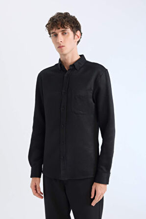 DeFacto Slim Fit Dar Kesim Polo Yaka Dokulu Uzun Kollu Siyah Gömlek T2066AZ25SPBK81