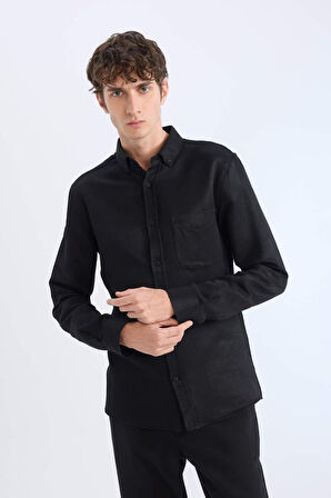 DeFacto Slim Fit Dar Kesim Polo Yaka Dokulu Uzun Kollu Siyah Gömlek T2066AZ25SPBK81
