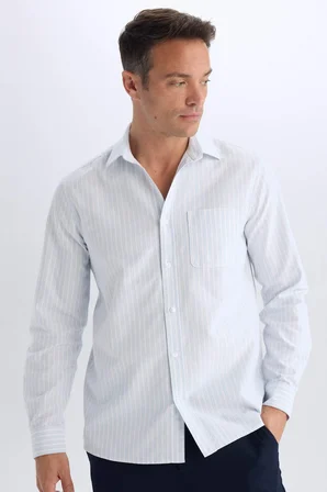 DeFacto %100 Pamuk Regular Fit Polo Yaka Çizgili Oxford Uzun Kollu Gömlek D6101AX25SPBE196