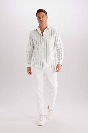 DeFacto Regular Fit Polo Yaka Çizgili Oxford Uzun Kollu Gömlek D6101AX25SPGN900