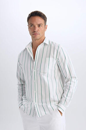 DeFacto Regular Fit Polo Yaka Çizgili Oxford Uzun Kollu Gömlek D6101AX25SPGN900