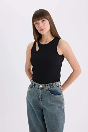 DeFacto Slim Fit Dar Kesim Bisiklet Yaka Fitilli Kaşkorse Siyah Atlet A3422AX25SPBK81