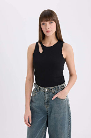 DeFacto Slim Fit Dar Kesim Bisiklet Yaka Fitilli Kaşkorse Siyah Atlet A3422AX25SPBK81