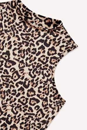 Slim Fit Dar Kesim Leopar Desenli Yarım Balıkçı Yaka Atlet