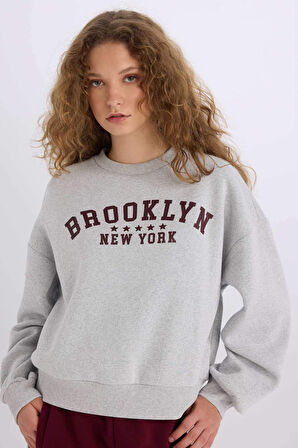 Loose Fit Bisiklet Yaka Baskılı Kalın Kumaş Sweatshirt