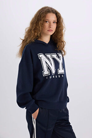 Loose Fit Kapüşonlu Baskılı Kalın Kumaş Sweatshirt