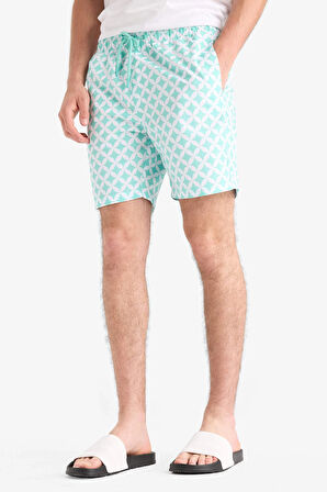 Defacto E0977 Yeşil Regular Fit Desenli File Astarlı Kısa Boy Deniz Şortu