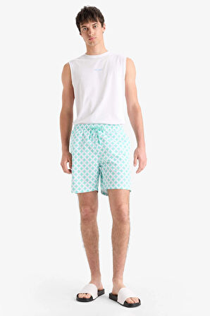 Defacto E0977 Yeşil Regular Fit Desenli File Astarlı Kısa Boy Deniz Şortu
