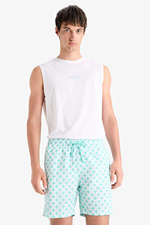 Defacto E0977 Yeşil Regular Fit Desenli File Astarlı Kısa Boy Deniz Şortu