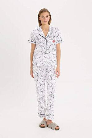DeFacto Pijama Takımı Kısa Kollu Düğmeli Üst Esnek Belli Uzun Altı-Fall in Love D8455AX25SPER98