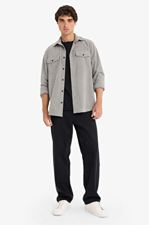 Regular Fit Fitilli Kadife Uzun Kollu Gömlek