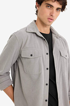 Regular Fit Fitilli Kadife Uzun Kollu Gömlek