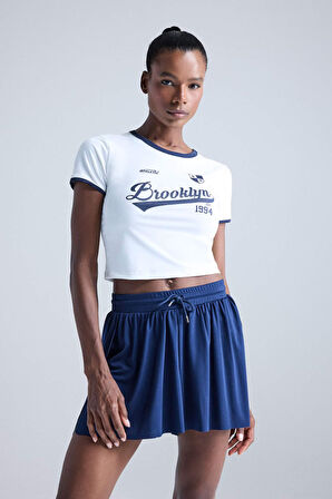 DeFactoFit Crop Bisiklet Yaka Baskılı Sporcu Kısa Kollu Tişört