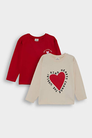 Kız Bebek Bisiklet Yaka Kalp Desenli 2'li Uzun Kollu Tişört