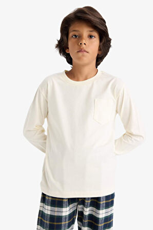 Erkek Çocuk Pijama Takımı Uzun Kollu Üst Kareli Uzun Alt