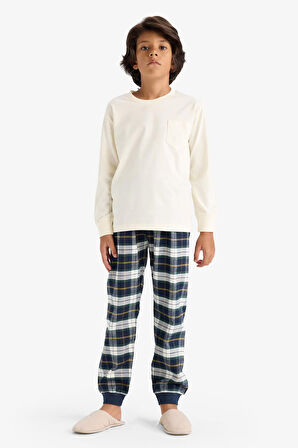 Erkek Çocuk Pijama Takımı Uzun Kollu Üst Kareli Uzun Alt