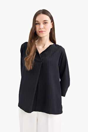 Regular Fit Kaçık Yaka Basic Düz Yarım Kollu Bluz