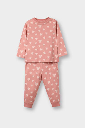 Kız Bebek Pijama Takımı Kalp Desenli Uzun Kollu Penye Üst Uzun Alt
