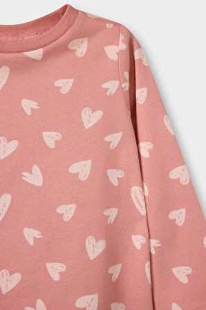 Kız Bebek Pijama Takımı Kalp Desenli Uzun Kollu Penye Üst Uzun Alt