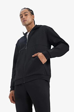 Defacto E9336 Siyah DeFactoFit Standart Fit Kapüşonlu Skuba Dalgıç Kumaş Yumuşak Tuşe Fermuarlı Hırka