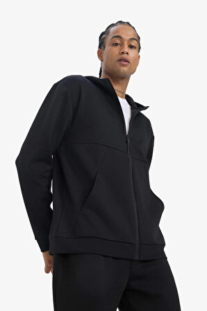 Defacto E9336 Siyah DeFactoFit Standart Fit Kapüşonlu Skuba Dalgıç Kumaş Yumuşak Tuşe Fermuarlı Hırka