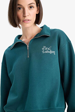 Regular Fit Yarım Fermuarlı Baskılı Kalın Sweatshirt