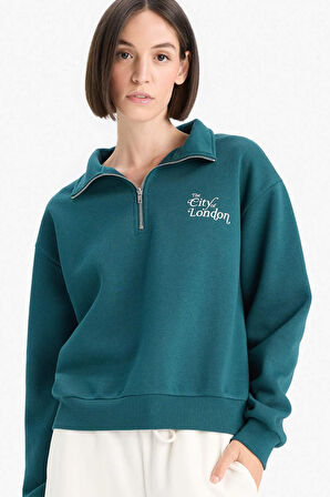 Regular Fit Yarım Fermuarlı Baskılı Kalın Sweatshirt