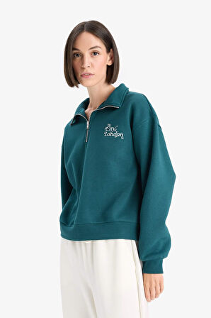 Regular Fit Yarım Fermuarlı Baskılı Kalın Sweatshirt