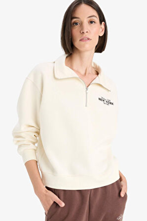 Regular Fit Yarım Fermuarlı Baskılı Kalın Sweatshirt