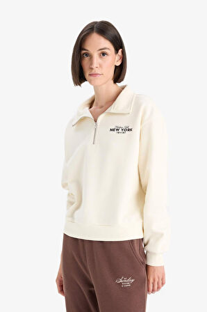 Regular Fit Yarım Fermuarlı Baskılı Kalın Sweatshirt