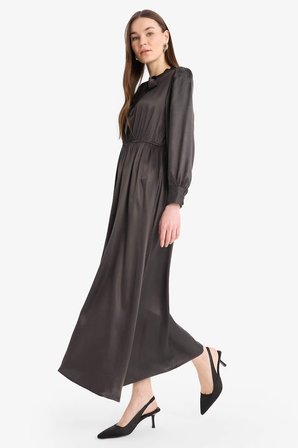 DeFacto Regular Fit Fiyonk Yaka Saten Uzun Kollu Midi Elbise F0819AX25SPBN339