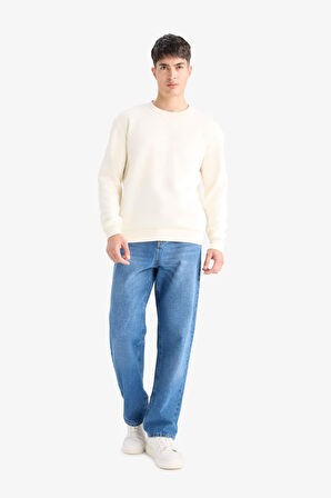 Regular Fit Bisiklet Yaka Basic Düz Kalın Sweatshirt