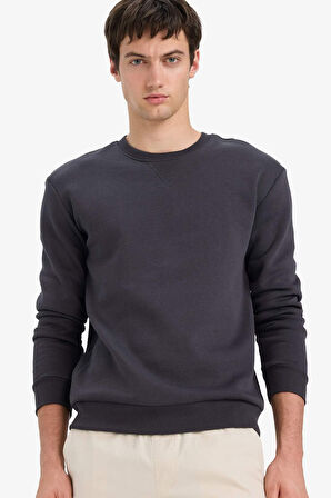 Regular Fit Bisiklet Yaka Basic Düz Kalın Sweatshirt
