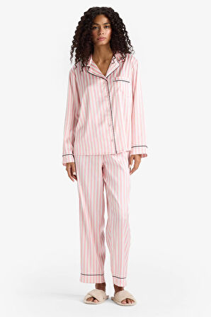 Pijama Takımı Regular Fit Çizgili Saten Uzun Kollu Üst Uzun Alt-Fall in Love
