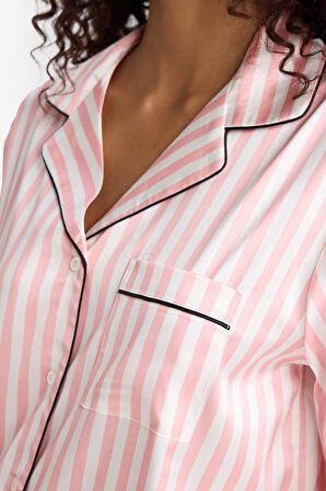 Pijama Takımı Regular Fit Çizgili Saten Uzun Kollu Üst Uzun Alt-Fall in Love