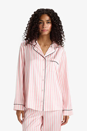 Pijama Takımı Regular Fit Çizgili Saten Uzun Kollu Üst Uzun Alt-Fall in Love