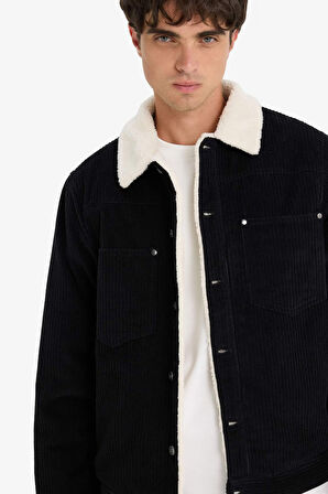 Slim Fit Dar Kesim Gömlek Yaka Pelüş Astar Çıtçıtlı Pamuklu Mont