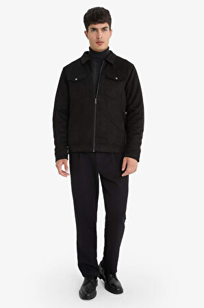 Slim Fit Dar Kesim Gömlek Yaka Fermuarlı Süet Mont