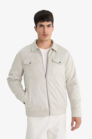 Slim Fit Dar Kesim Gömlek Yaka Fermuarlı Süet Mont