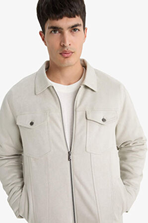 Slim Fit Dar Kesim Gömlek Yaka Fermuarlı Süet Mont