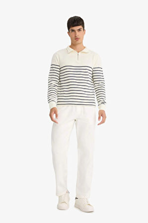 Defacto F1522 Ekru Standart Fit Yarım Fermuarlı Çizgili Triko Kazak