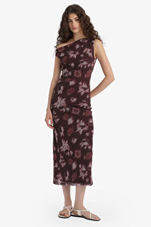 Bodycon Vücudu Saran Açık Omuz Floral Tül Uzun Kollu Maxi Elbise