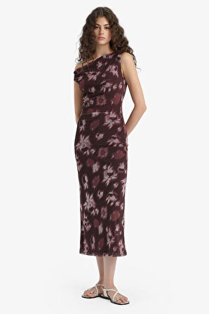 Bodycon Vücudu Saran Açık Omuz Floral Tül Uzun Kollu Maxi Elbise