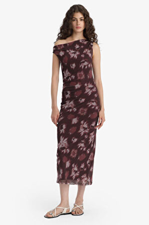 Bodycon Vücudu Saran Açık Omuz Floral Tül Uzun Kollu Maxi Elbise